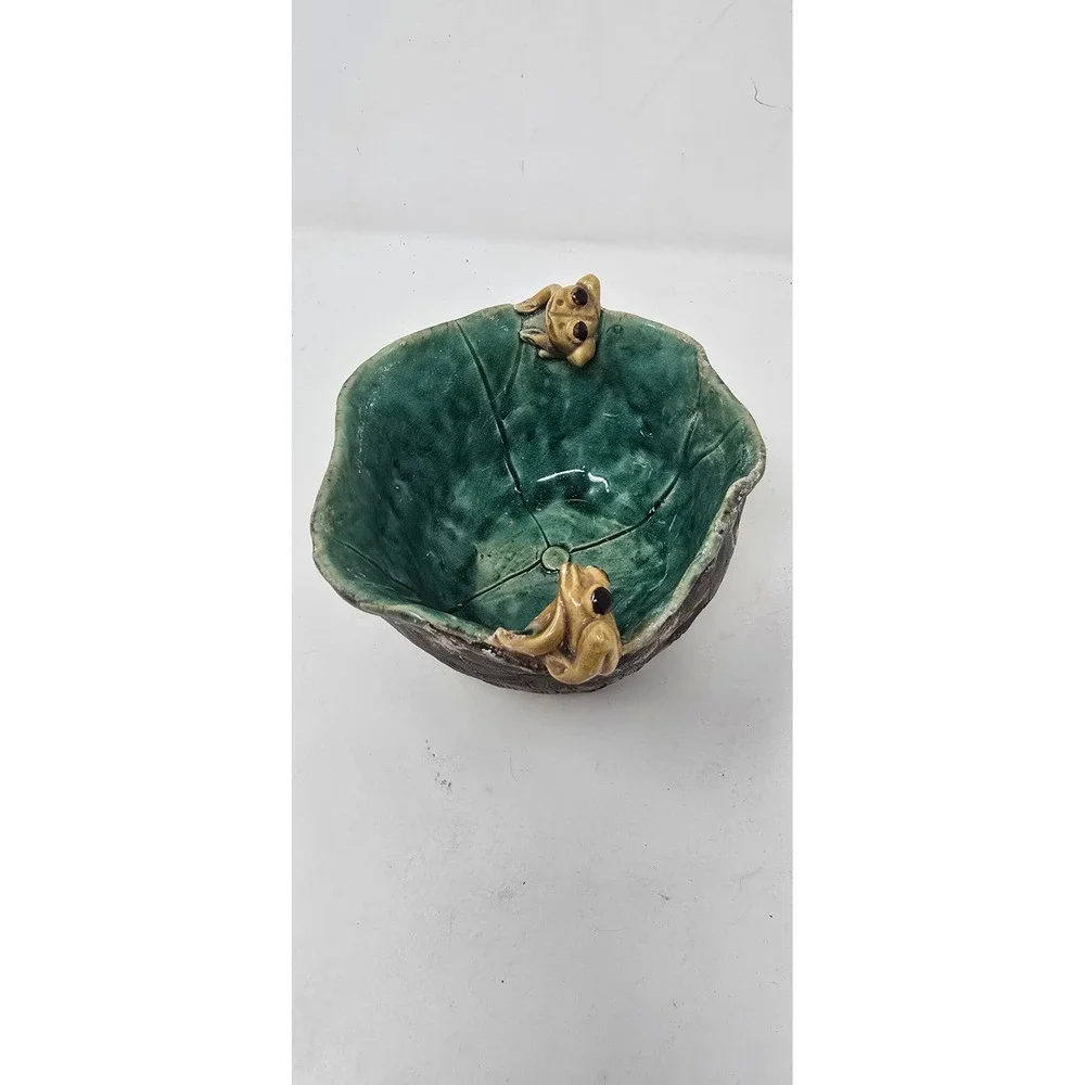 Vtg Majolica‎ style frogs planter ceramic pottery pot green brown
